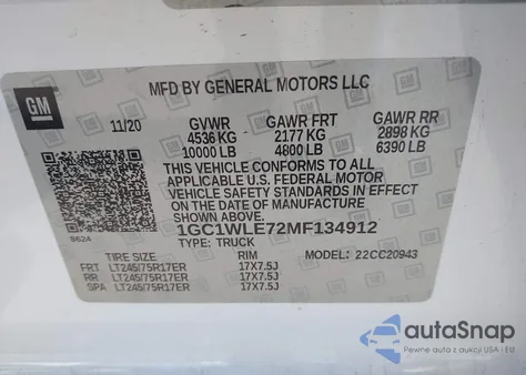 2021 Chevrolet Silverado 2500Hd 2Wd Long Bed Wt z USA, uszkodzony, nr VIN 1GC1WLE72MF134912